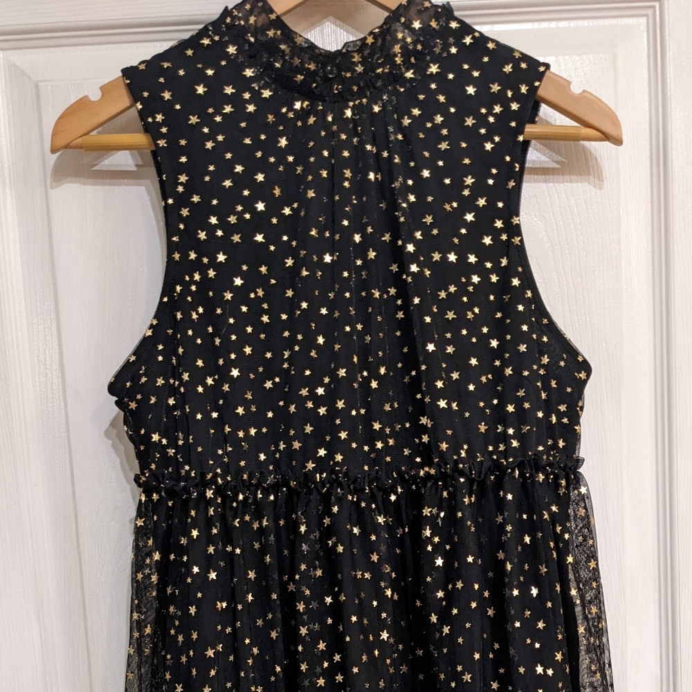 NWT POPSUGAR Black and Gold 'In the Stars' Tiered Cocktail Dress L - Large